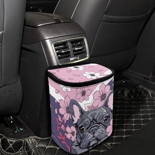 Image of Talayituse French Bulldog Cherry Blossom Print Car Trash Can with Lid, Leak Proof Auto Trash Bag Hanging Vehicle Garbage Can Multipurpose Storage Container for Back Seat Road Trip