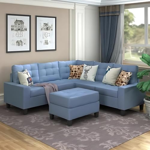 Homeify Olivia Wooden 5- to 6-Person Fabric Sofa Living Room Sofa Set with Ottoman Set Premium Velvet,Blue, Wood