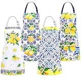 Newcotte 4 Pack Italian Lemon Aprons Adjustable with 2 Pockets Amalfi Coast Chef Apron Blue Tiles Lemon Gift for Women Housewarming New Home Italian Kitchen Decor