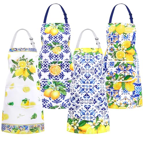 Newcotte 4 Pack Italian Lemon Aprons Adjustable with 2 Pockets Amalfi Coast Chef Apron Blue Tiles Lemon Gift for Women Housewarming New Home Italian Kitchen Decor