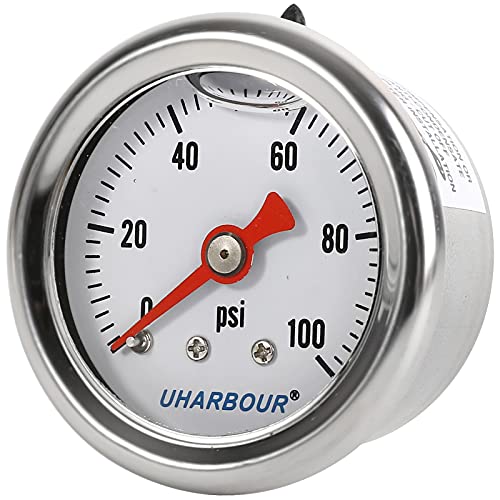 Uharbour Liquid Filled Fuel Pressure Gauge With 1-1/2" Dial And 304 Stainless Steel Case, 0-100Psi, 2% Accuracy, 1/8" Npt Center Back Mount, With 1/8"Npt To 1/4"Npt Thread Adapter #TOP2