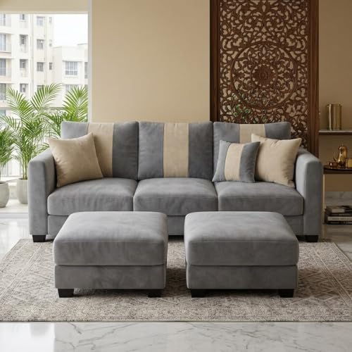 Image of Revo 5 Seater L Shape Sofa Set with 2 Movable Ottomans | Flexible Layout | Luxury Velvet Suede Fabric | Modern Living Room Sofa | Light Grey