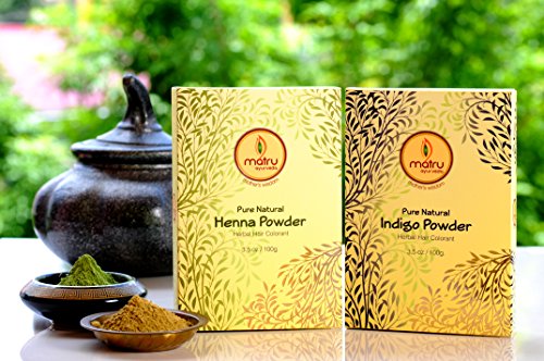 MATRU AYURVEDA Mehndi/Henna(100gms)+Indigo(100gms) Powder Ayurvedic/Herbal Hair and Beard Dye/Color Kit. 100% Pure and Natural; Chemical Free Hair and Beard Color/Dye; Covers Gray Hair,