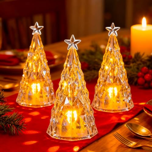 Lot de 3 décorations de Noël à LED - Sapin de Noël lumineux avec éclairage intérieur - Bougies LED pour décoration de Noël intérieure - Décoration de table de Noël (A)