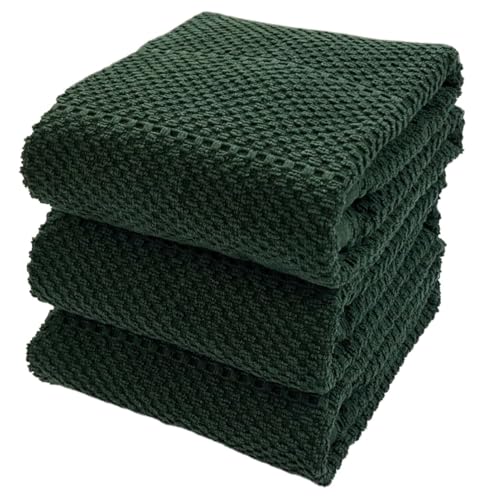 Image of Dark Green Kitchen Hand Dish Towels, Set of 3, 100% Cotton, 18 inch x 28 inch
