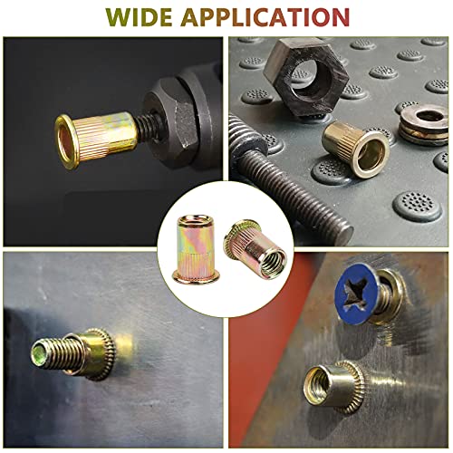 Precihw 100Pcs Carbon Steel 5/16'' Rivet Nut, 5/16''-18Unc Flat Head Rivnut Threaded Insert Nuts Set, 5/16 Rivnut Inserts For Automotive, Furniture, Decoration (Yellow Zinc Plated Finish) #TOP5