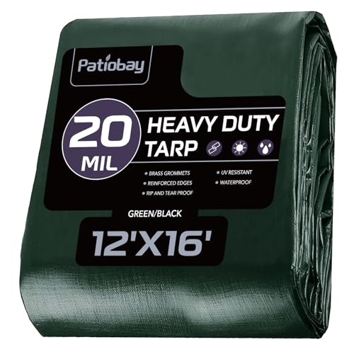 Patiobay Tarp 12x16 Feet, 20 Mil Large Waterproof Tarps Heavy Duty with Brass Grommets, Thick Plastic Tarp, UV Resistant Tear&Fade Resistant, Reinforced Edges for Outdoor Pool Car Camp Tent