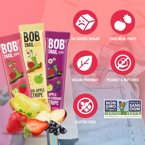 BOB SNAIL Healthy Fruit Snacks for Kids and Adults–30 Fruit Leather Snacks with Apple-Pear, Strawberry, Black Currant–Vegan Low-Carb Variety Pack Strips for Kids–Sugar Free Jerky Bars