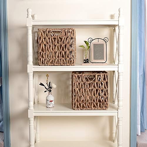 Home Villacera 12-Inch Square Hand-Woven Wicker Storage Bin, Foldable Baskets Made of Water Hyacinth | Wire Frame | Set of 2