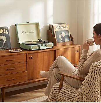 CR Serisi Şarjlı Taşınabilir Çantalı Pikap - Bluetooth Bağlantılı, Dahili Hoparlörlü, 3 Devirli (33/45/78), Vintage Tasarım Plak Çalar - Yeşil Timsah Derisi Desenli
