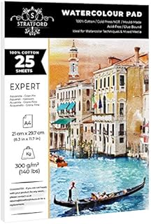 Stratford Expert 100% Cotton (2022 Updated) Medium Grain NOT Watercolour Paper Pad A4 25 Sheets 300gsm Cold Pressed Artist Grade for Art and Mixed Media