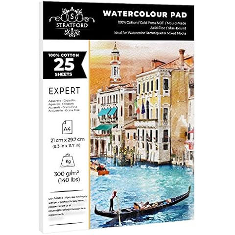 Stratford Expert 100% Cotton Medium Straight-Grain NOT Watercolour Paper Pad A4 25 Sheets 300gsm Cold Pressed Artist Grade for Art and Mixed Media Cover