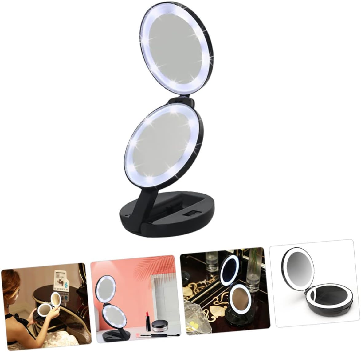 1Pc Folding Makeup Mirror Portable Double Sided Travel Compact Mirror Black with LED Light for Easy Makeup Application Any Lighting Condition