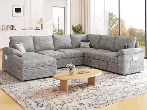 Image of 108 Inch Modular Sectional Sofa with Pull Out Bed,U Shaped 7 Seat Sectional Sleeper Sofa with Storage,Sectional Couches for Living Room,Cloud Modular Couch,Removable Sofa Cover,Light Gray