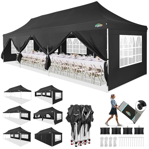 Image of COBIZI 10x30 Pop up Canopy with Roller Bag & 8 Removable Sidewalls, Canopy Tent for Parties, Wedding, and Commercials, Waterproof and Instant Shelter UV50+ Outdoor Gazebo with 4 Sandbags(Pure Black)