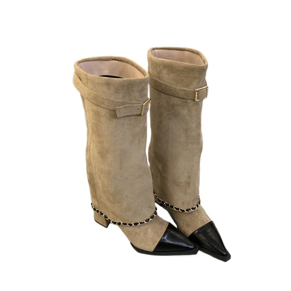 Suede Fold Over Shark Boots for Women Pointed Toe Chunky Heel Knee High Booties with Buckle Strap Pull-On