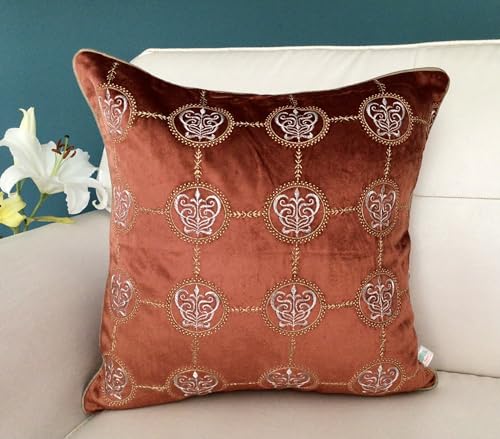 Image of TARA- Sparkling Homes 16 x 16 Inches Zari Embroidered Velvet Cushion Covers, 'Cleopatra' from 'The Royal Collection', Set of 1 (Burnt Orange, 16 x 16 Inches)