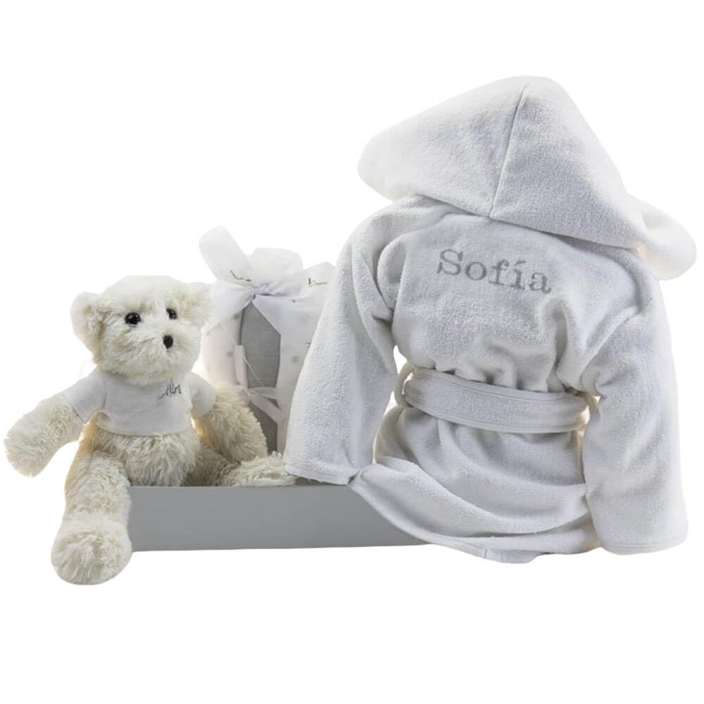 Bebé de París Kit de Regalo para bebé con Albornoz Personalizado con nombre Bordado en Rosa + Muselinas a juego + Osito de Peluche. Precioso Recuerdo como Regalo de Nacimiento.