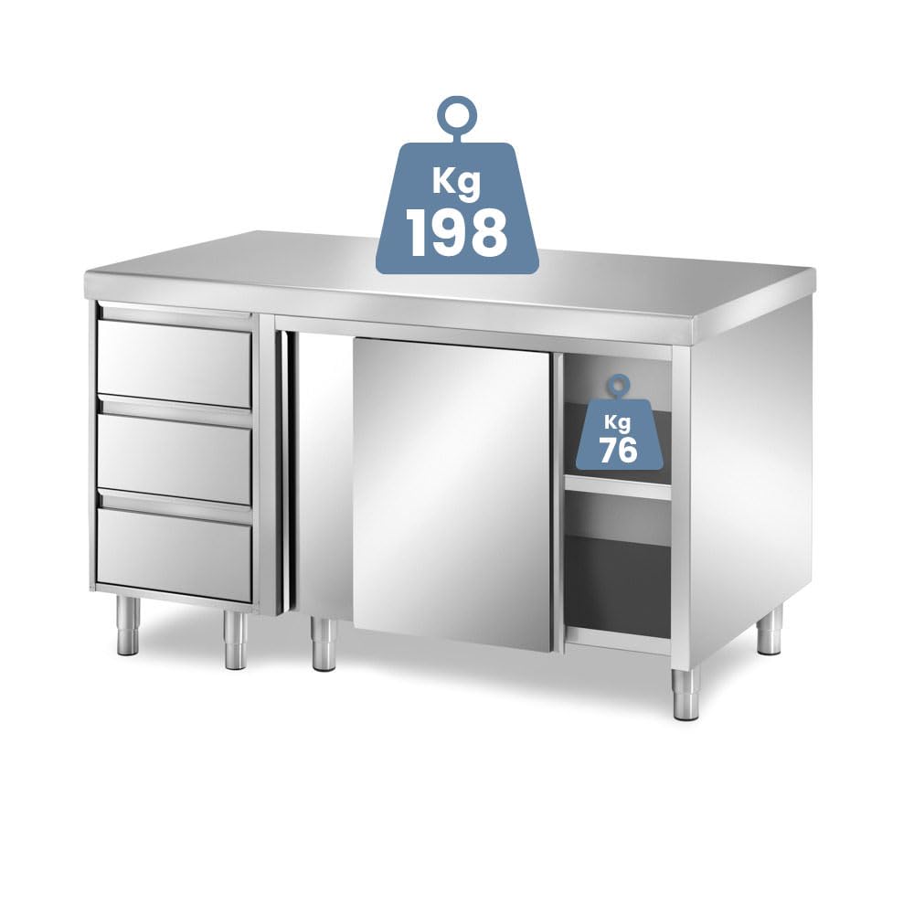 TECNA FOOD Tavolo da lavoro Armadiato in acciaio INOX con ante scorrevoli e cassettiera per cucine professionali bar hotel - profondità 60 cm - altezza 85 cm regolabile (140x60x85 cm)