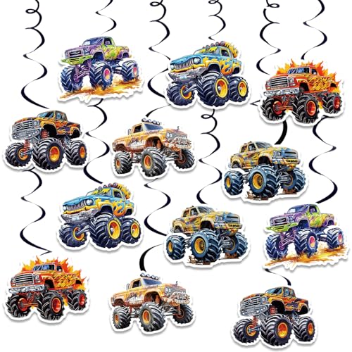 24pcs Monster Truck Hanging Swirls Double-sided Monster Truck Party Hanging Decoration Monster Truck Party Supplies For Boys Birthday