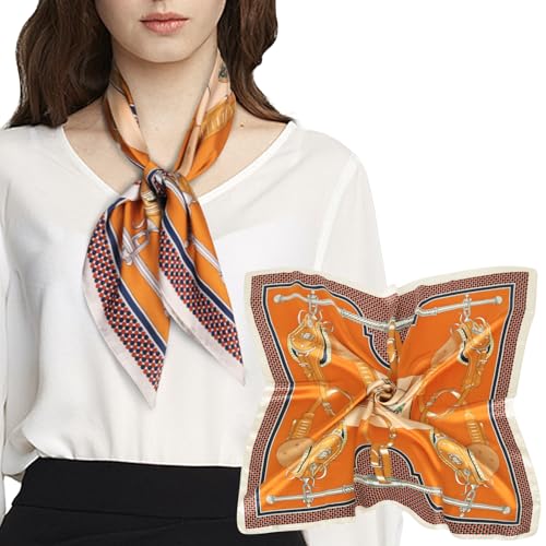 EXTREE Silk Feeling Scarf Medium Square Satin Head Scarf Sleeping Hair Wrapping for Women 27.5 × 27.5 inches Carriage Orange