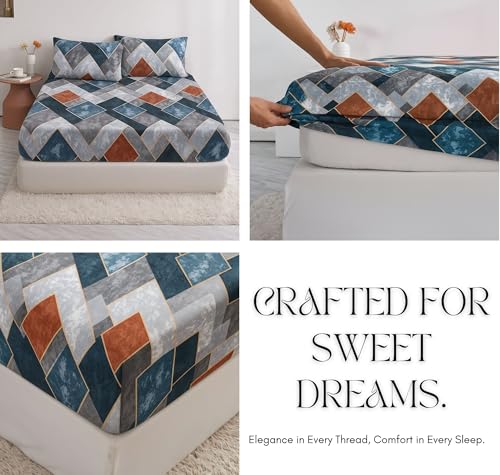 Image of BSB HOME Luxury Warm Winter Elastic Fitted Bedsheet with 2 Pillow Covers - Ultra Soft Flannel Velvet Touch, Cozy & Wrinklefree lintfree Size - 78x72+10 Inches, Checks Teal Blue & Grey