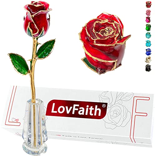 LovFaith 24K Gold Dipped Rose with Crystal Vase, Love‘s Gift for Her Wife