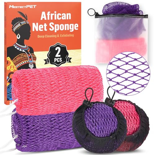 2 Stück Afrikanischer Netzschwamm mit Geschenkbox African Net Sponge Peeling-Netzschwämme für Männer Frauen Rückenexfoliierer Rosa und Lila