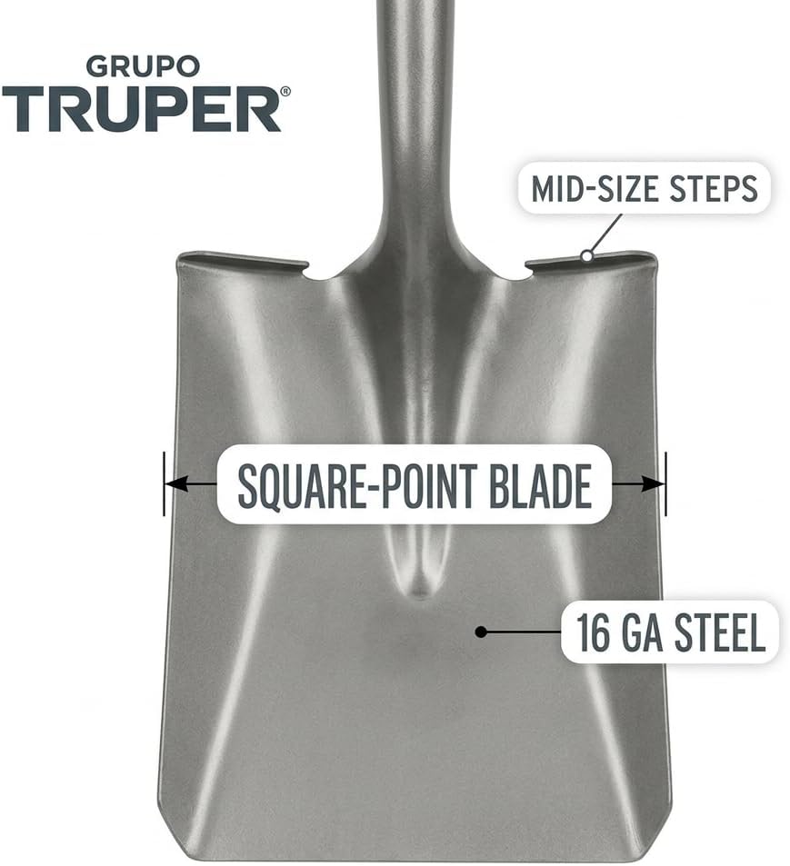 Truper Square-Point Shovel, Mid-Size Steps, 48-Inch Wood Handle with 6-Inch Grip, 16 Gauge Blade, Heavy-Duty Digging & Transfer Shovel (Model 31188)