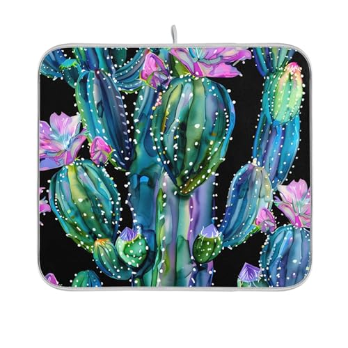 Alfombrillas de secado de platos con estampado animal, superabsorbentes, resistentes al calor, mate, acuarela, verde, cactus, floral, negro, para encimera de cocina, 18 x 24 pulgadas