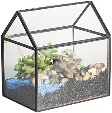 NCYP 15.5x11x16cm Black House Shape Close Glass Geometric Terrarium Pot with Swing Lid, Tabletop Brass Decor Box, Indoor Garden Small Planter Container for Succulent Moss Fern (No Plants Included)