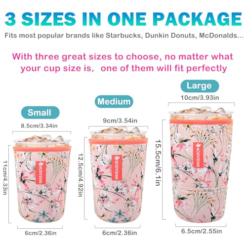 Image of WK IEASON Reusable Iced Coffee Cup Sleeve for Cold Beverages Universal Ice Coffee Sleeve Neoprene Iced Cup Sleeves Cooler Cover 16-32OZ for Cold Drinks, McDonalds, Dunkin Donuts, More (Flower Pink)