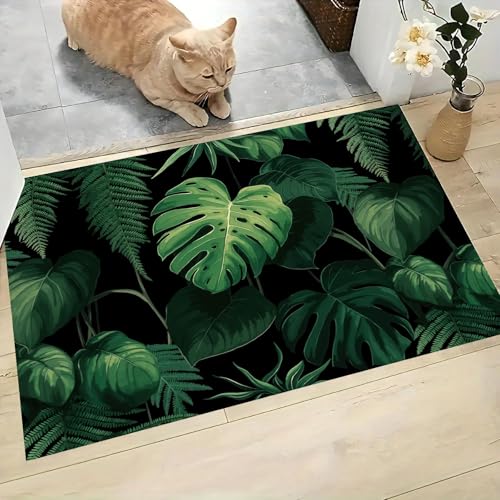 Felpudo de entrada casa interior de 90x150 cm lavable con estampado de hojas verdes 2