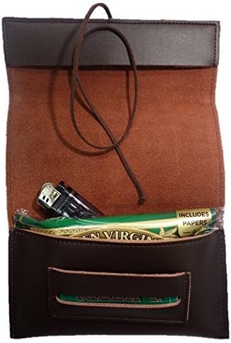 Genuine soft/ durable leather tobacco pouch with roll up strap (Brown)