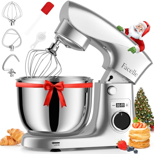 Batidora Amasadora Reposteria 1500 W, Facelle 5,5L & 4,5L Amasadora de Pan Multifunción, 10+P Robot de Cocina Amasador con Batidor, Batidor Plano, Gancho Para Masa y Protector Contra Salpicaduras