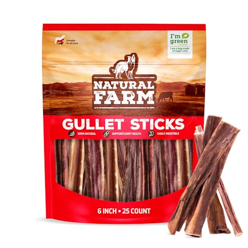 Natural Farm Gullet Sticks (6 Inch, 25 Pack), Grain-Free, Preservative-Free & Fully Digestible Beef Esophagus – Gentle Yet Effective Fun - Best for Light, Pups & Senior Chewers