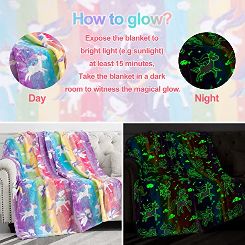 Glow In The Dark Blanket Unicorns Gifts For Girls - Funny Glowing Birthday Gift For Kids Rainbow Unicorn Toy For 1-10 Year Old Girl Gift Ideas Soft Throw Teen Teenage Gift For Easter Christmas 50"X60" #TOP3