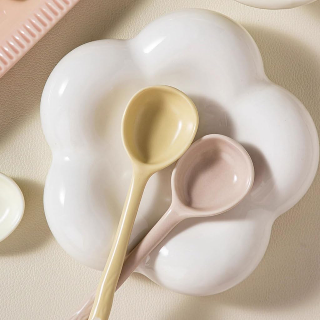 Spoons,soup spoons,Spoons for Cooking Kitchen Irregular Shape Ceramic Spoon Household Long-handled Rice Spoon Restaurant Kitchen Spoon Dinner Spoon Teaspoons(Color:A)(Pink)