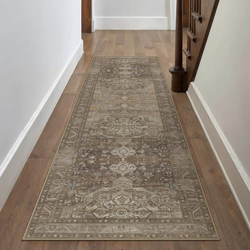 WondRg 2x8 Washable Vintage Runner Rug for Living Room Bedroom Non Slip Distressed Traditional Soft Runner Rug Beige Brown Low Pile Lightweight Floral Runner Kitchen Hallway Balcony 2'x8' Re