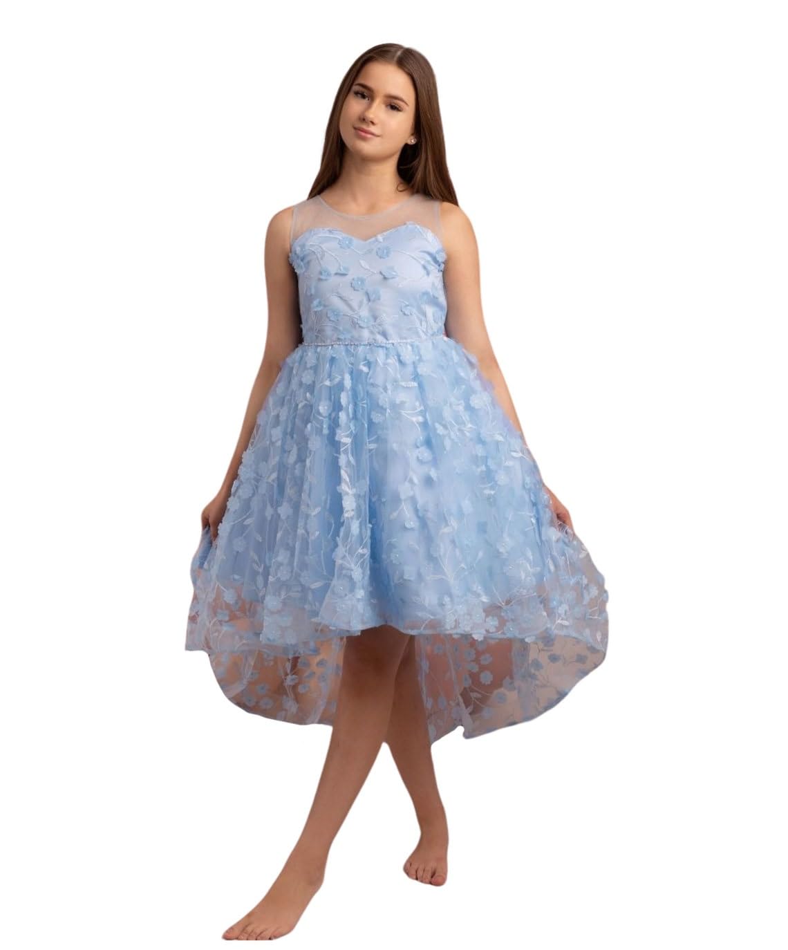SIRRI Vestido Floral para niñas con superposición Transparente y Bordado Ocasiones Especiales