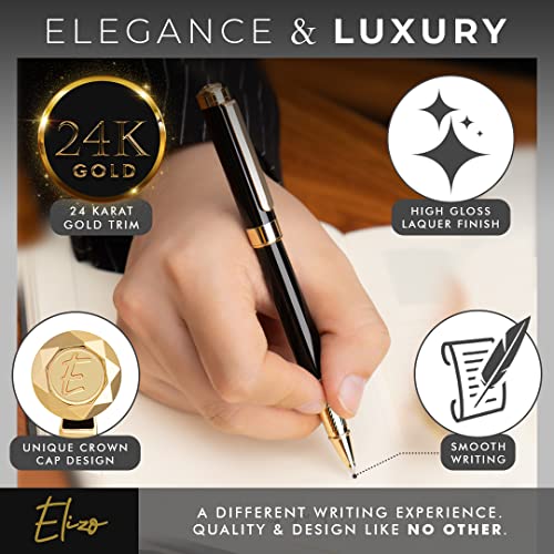 Elizo Luxury Pen Fancy Pens Real 24K Gold Plated Trim Leather Pen Case Nice Pen Gift Set Rollerball Schmidt Ink Refill Cool Pens Best Pens Cute Pens Edc Pen Executive Smooth Writing Pens For Men Women #TOP1