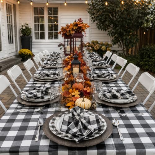 Image of Blue Orchards Black Gingham Table Cover (Pack of 3 with 20 Glue dots) - 54 inchx108 inch XL - Black and White Buffalo Checkered Picnic Plastic Tablecloth, Camping Decoration, Outdoor Birthday Party Supplies