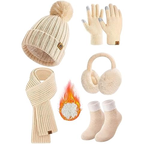 Yusongirl Winter Women Scarf Gloves Beanie Ear Muffs Socks Set Cold Weather Warm Knit Hat Fleece Long Neck Warmer 5 in 1 Set(Beige) Cover