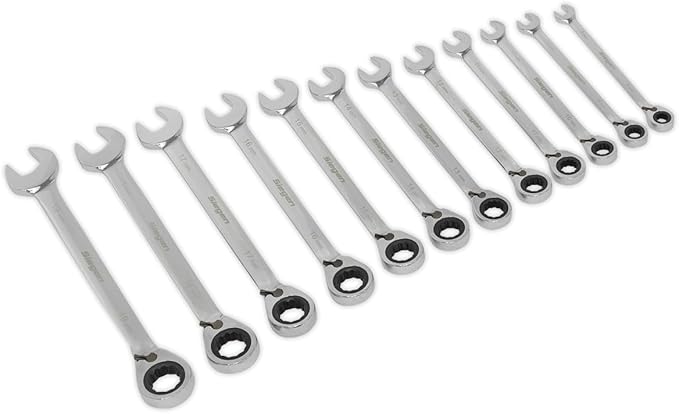 Sealey S0840 Metric Reversible Ratchet Combination Spanner Set, Silver, 12 Pieces