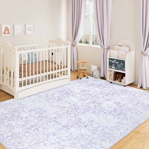 Image of DUKINO Washable Area Rug 5x7, Boho Low-Pile Rugs for Living Room, Non Slip Rubber Backing Girls Rugs, Soft Vintage Nursery Rug for Living Room, Bedroom, Dining Room, Dorm Room, Office, Purple