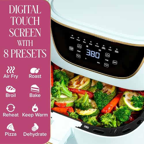 Image of Paris Hilton Air Fryer, Large 6-Quart Capacity, Nonstick Made without PFAS, Touchscreen Display, 8-in-1 (Air Fry, Roast, Broil, Bake, Reheat, Keep Warm, Pizza, Dehydrate), Dishwasher Safe, Aqua