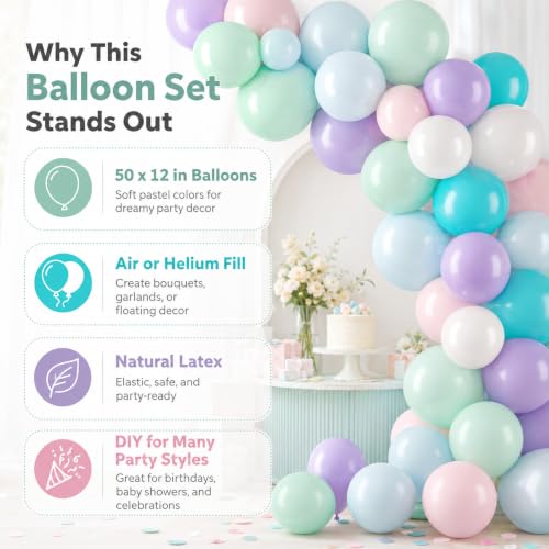 Image of Pastel Balloon, 50 Inch 12 Inch Mermaid Birthday Party Decorations with Pink Purple White Blue Teal Ballons fo Girls Mermaid Balloons Baby Shower Party Supplies