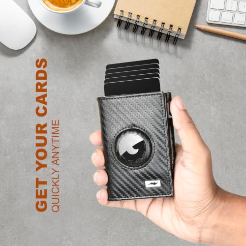 Image of AirTag Wallet - Full Grain Leather, Mens Minimalist Wallet with Apple Air Tag Holder, Slim Smart Pop up Card Case, ID Window, RFID Blocking Wallet for Men and Woman Carbon