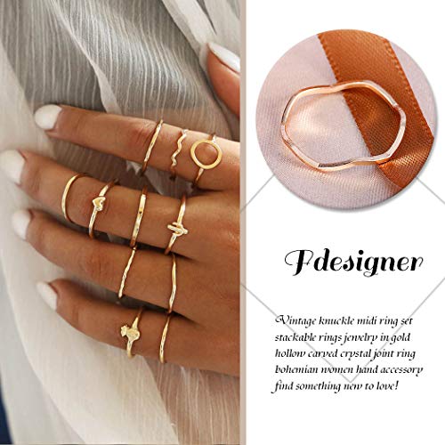 Fdesigner Fashion Rings Gold Boho Knuckle Joint Rings Jewelry Hoop Geometric Stackable Ring Set Love Pendant Finger Rings Vintage Hand Accessories for Women and Girls (11PCS) - Thumbnail 2