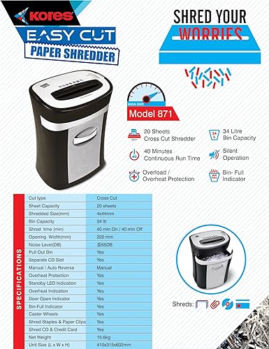 Image of Kores Easy Cut 871 Paper Shredder | 20-Sheet Cross Cut P4 Security | 34L Large Bin | 40 Min Continuous Run | Low Noise ≤65 dB | Heavy Duty Office Shredder | Auto Start /Stop | Made in India